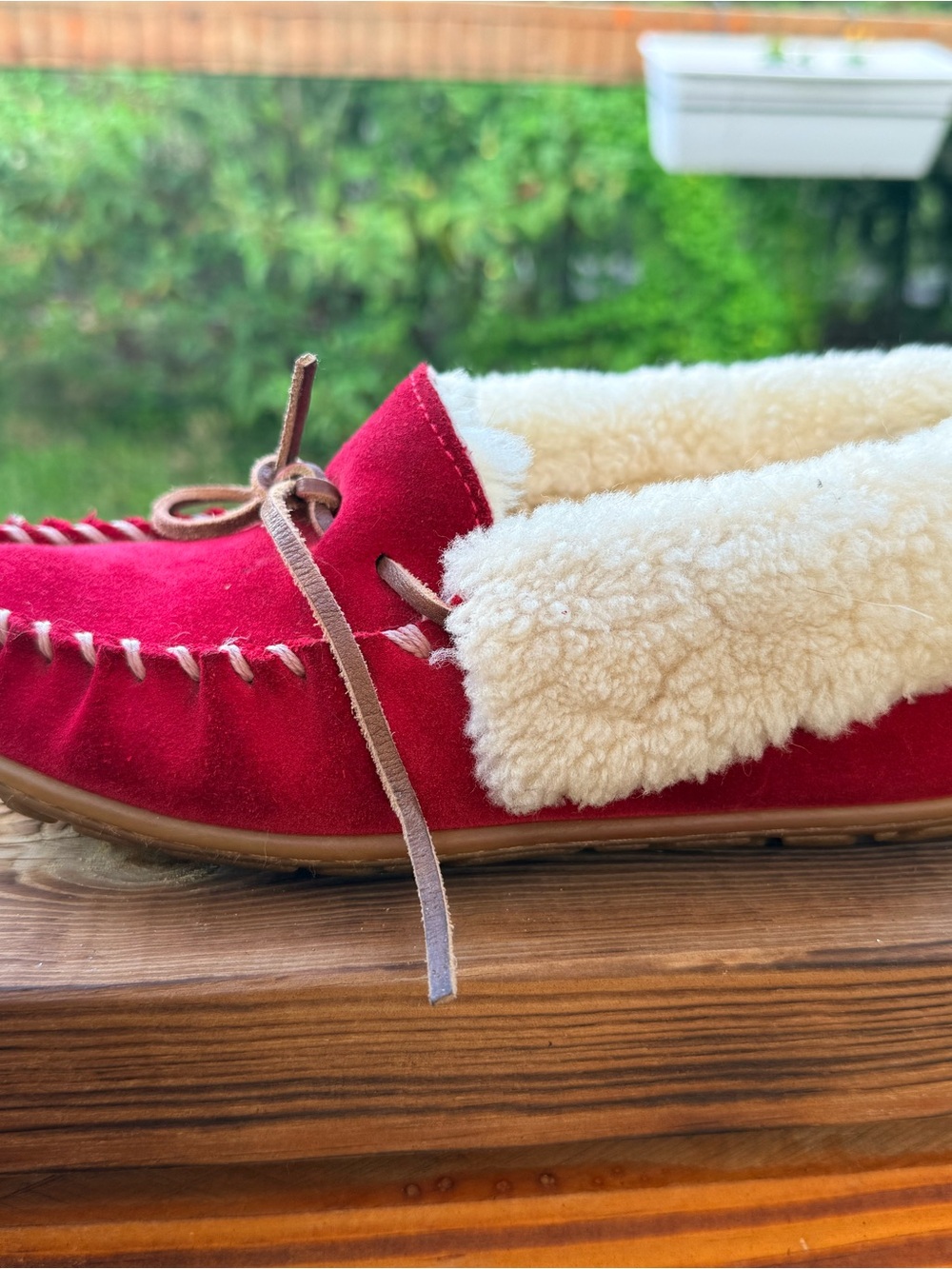 LL BEAN Red Suede Shearling-Lined Moccasin Slippers
